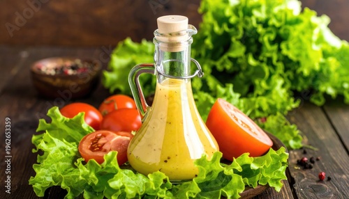 Fresh salad dressing in glass bottle with lettuce and tomatoes on wooden table healthy eating ingredient gourmet vinaigrette