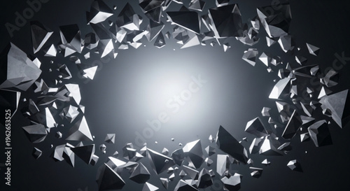 Shattered glass fragments in a circular explosion with bright light on a dark background