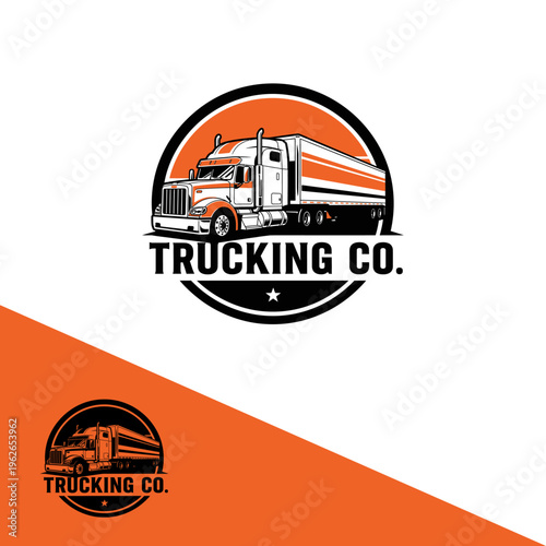 A bold and dynamic logo for a trucking company, featuring a semi-truck in an orange and black circular emblem, with 'TRUCKING CO.' text below.