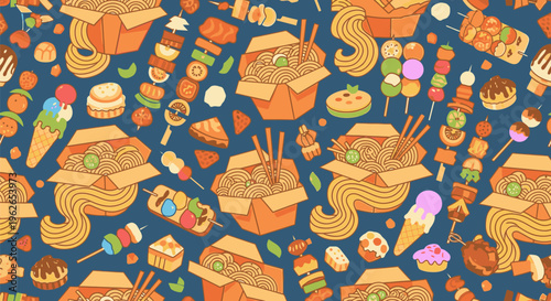 A vibrant illustration of various food items scattered on a blue background