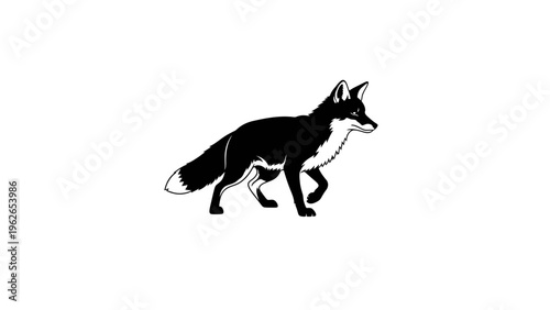 Black and white silhouette of a fox walking on white background
