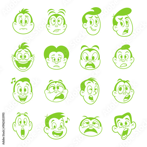 A grid of sixteen green outline cartoon faces depicting various human emotions and expressions on a white background, showcasing a range of feelings.