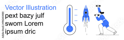 Space exploration, technology, innovation, data visualization, temperature measurement, science. A thermometer, rocket and observing person. Space exploration and technology concept