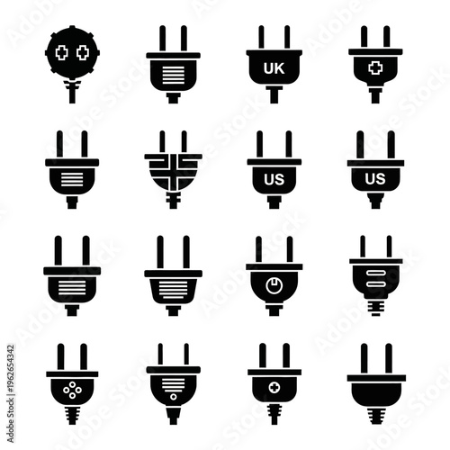 Collection of electrical plugs from various countries, including UK and US, showcasing different designs
