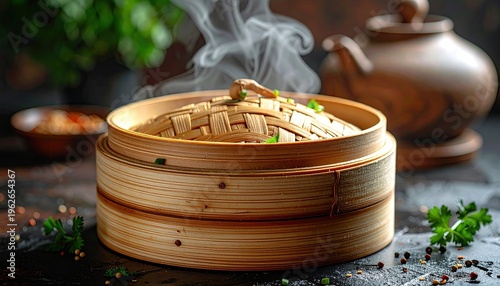 Steaming bamboo steamer filled with dumplings and vegetables with a teapot and fresh herbs in a rustic kitchen setting