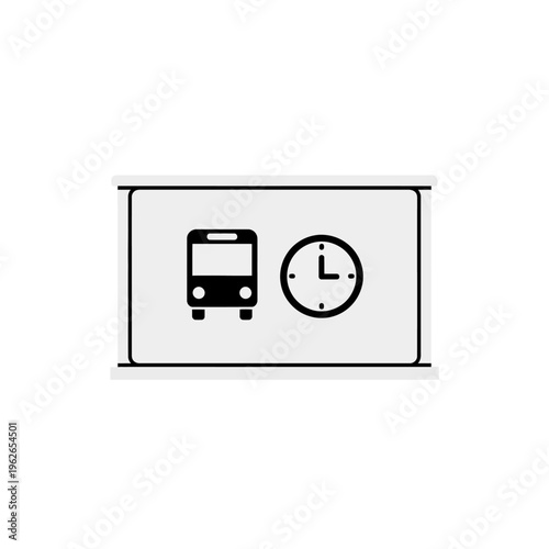 Vector icon illustrating a public bus stop with a time schedule, representing urban transportation, route planning, and timely travel information