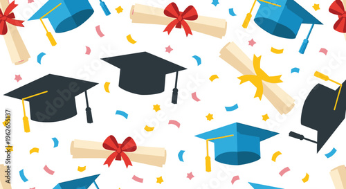 Graduation ceremony decorations with confetti and scrolls on a celebratory background