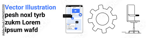 User experience, app design, technology, office setup, productivity, business tools. Smartphone with icons, gear symbol and office chair. User experience and app design concept