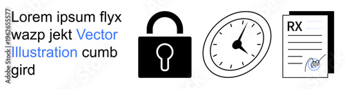 Data security, time tracking, healthcare, privacy protection, digital authorization, medical documentation. A lock, clock and prescription paper. Security and time tracking concept