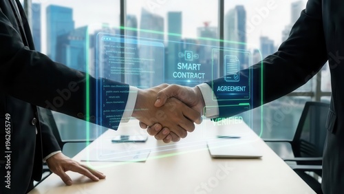 Two businessmen shaking hands over a table with a digital smart contract interface displayed