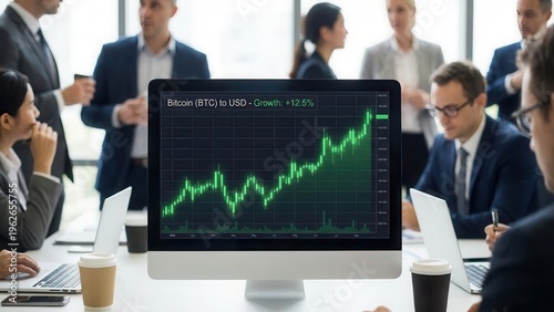 Business professionals observe a computer screen displaying a Bitcoin to USD trading chart with upward growth