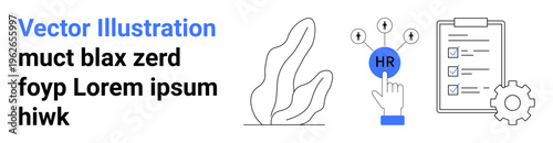 Human resources, workforce management, organizational processes, HR tasks, hiring management, data-driven solutions. Features HR icon with finger, checklist gear symbol. Human resources and task