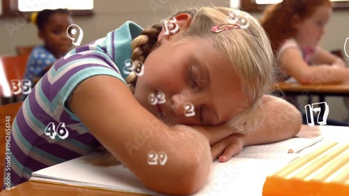 Animation of numbers over caucasian schoolgirl sleeping at school