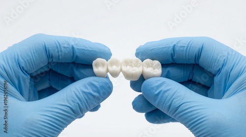 Dental technician holds ceramic crowns ready for patient dental bridge.