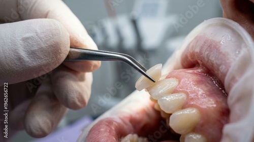 Installing thin porcelain veneer on front tooth using dental tweezers tool.