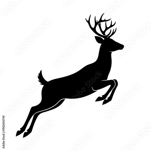 black silhouette of a leaping deer with antlers
