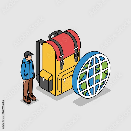 Man standing next to a large backpack and globe.
