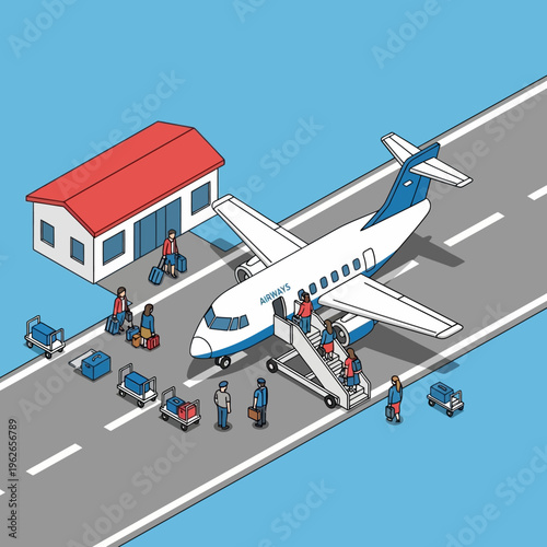 Airplane on the ground with people.