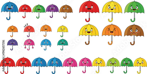 Colorful Cartoon Umbrellas with Expressions, Fun and Playful Character Design for Kids, Weather, and Rainy Day Themes, Cute and Smiling Umbrella Icons
