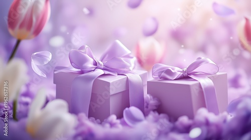 Two elegant purple gift boxes with satin ribbons surrounded by flying tulip petals, perfect for Women's Day, Valentine's or birthday surprises