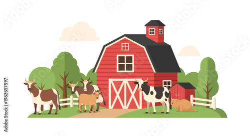 Vibrant farm scenery displaying a classic red barn and grazing domestic animals