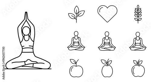 Collection of black line art vector icons representing yoga, meditation, health, and healthy eating concepts.