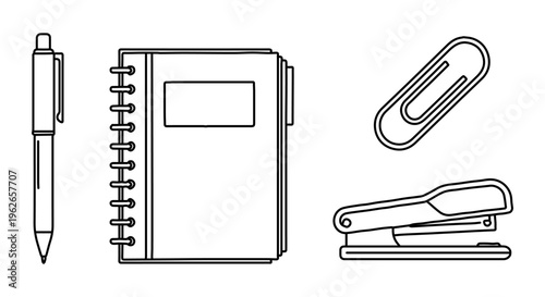 Simple outline vector graphic illustration of essential office supplies like a pen, notebook, paperclip, and stapler.