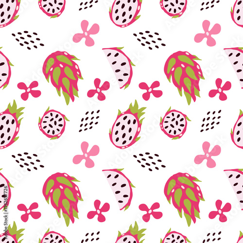 Vector pattern of dragon fruit on a light background. Exotic fruit, Pitahaya, fabric, pattern