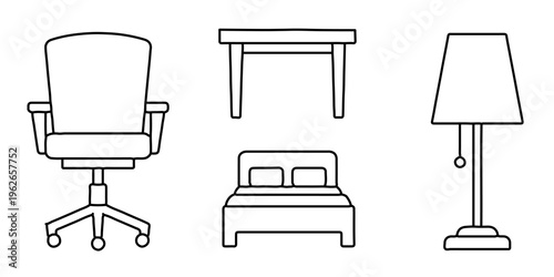 Set of vector outline icons representing essential furniture and decorative elements for home and office design.