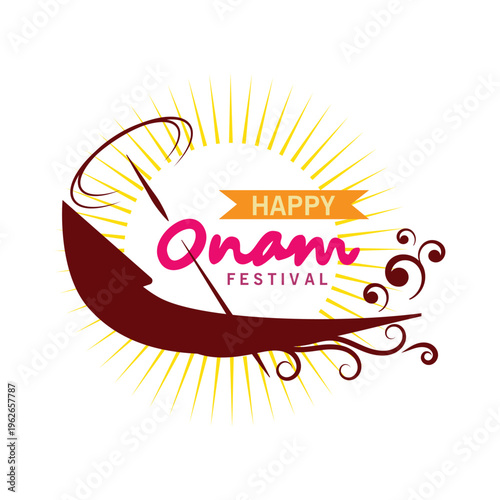 Happy Onam Festival Greeting with Snake Boat and Sunburst Background