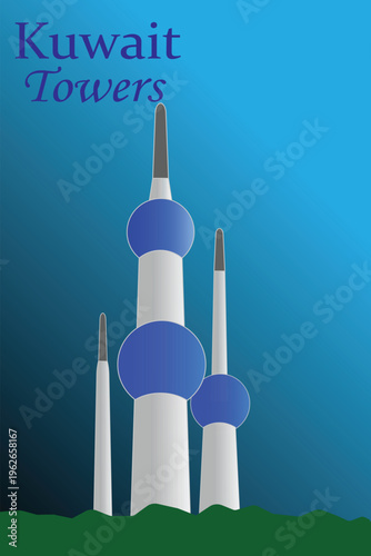A minimalist vector illustration of the iconic Kuwait Towers featuring tall white structures with blue spherical elements against a smooth gradient background. The design includes modern typography wi