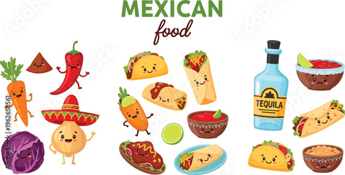 Cartoon Mexican Food Characters with Tacos, Tequila, Chili, and Vegetables, Fun and Playful Food Illustrations for Fiesta, Party, and Culinary Designs