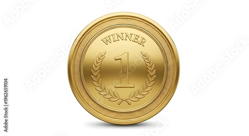 Realistic Gold Winner Medal with Number 1 and Laurel Wreath, 3D Render Illustration isolated PNG with Transparent Background