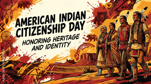 Indian Family in Traditional Clothes with American Landscape and Cultural Symbols