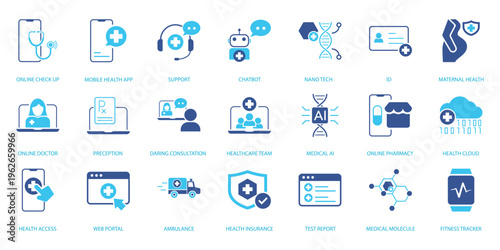 Modern healthcare technology icon set featuring telemedicine, online doctor consultation, medical AI, chatbot, digital health app, pharmacy, and cloud healthcare services. 