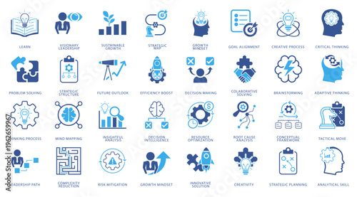 Strategic thinking icon set featuring business planning, problem solving, leadership, and decision-making concepts. Modern flat and line style icons suitable for corporate presentations, and other