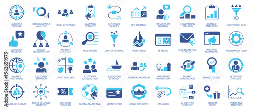 Marketing strategy icon set featuring audience targeting, customer journey, SEO, and digital marketing concepts. Includes elements like campaign planning, influencer marketing, analytics, and other