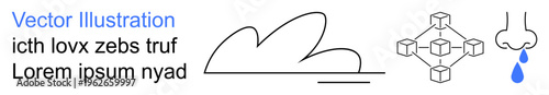 Data networks, weather concepts, healthcare, communication, abstract diagrams, environmental issues. Minimalist drawings including a cloud, blockchain and nose with a blue drip. Data networks