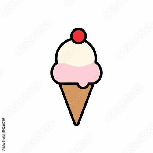 A delightful ice cream cone with cherry on top. This colorful image is simple and appealing, perfect for conveying a sense of fun and enjoyment.