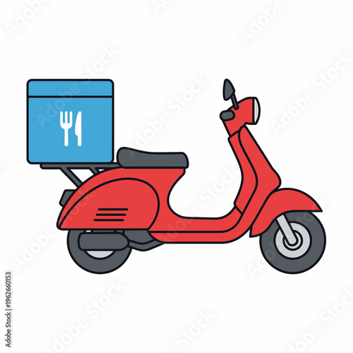 A red scooter with a delivery box on its back, ready for service. The box features the iconic cutlery symbol indicating food transport. The scooter's sleek design signifies efficient movement.