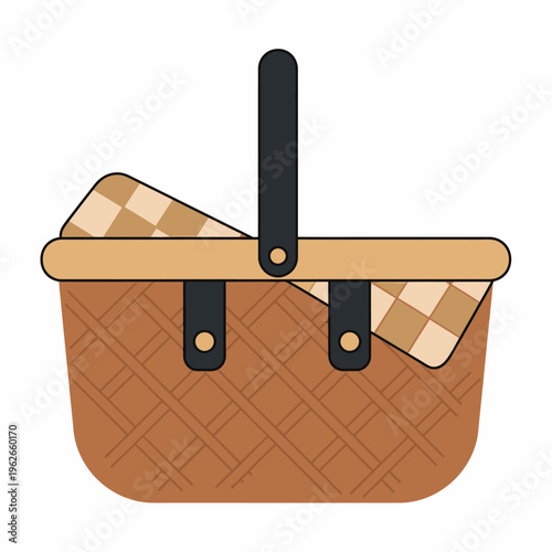A picnic basket filled with food, ready for an outdoor adventure. The basket features a handle and is accompanied by a checkered pattern blanket