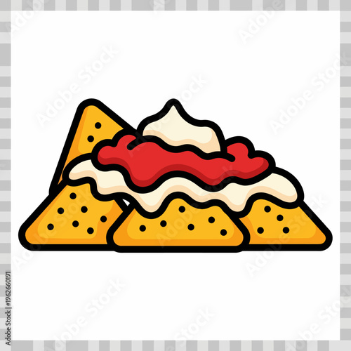 A close-up illustration of nachos topped with salsa and sour cream. The chips are perfectly golden and crispy