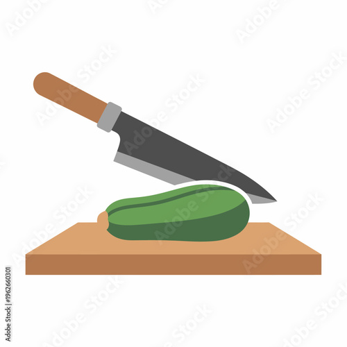 A zucchini and a knife on a wooden cutting board, ready to be prepared