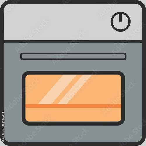A simple illustration of a gray oven with orange light inside. A power button is on top right corner of oven