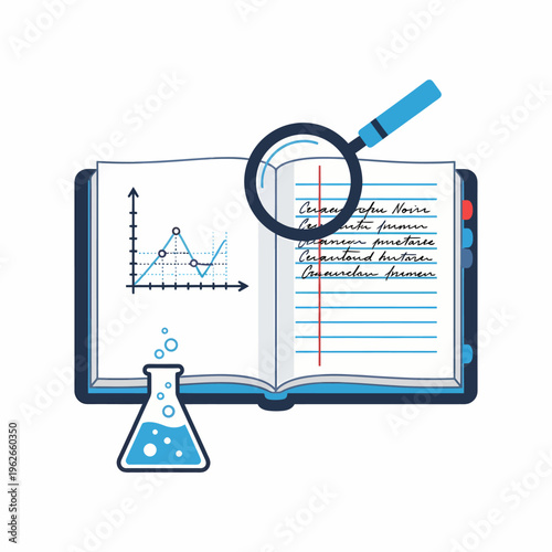 An open book with a magnifying glass and science flask, highlighting the pursuit of knowledge and exploration. It features handwritten text, a graph, and laboratory equipment.