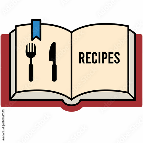 An illustrated recipe book open, with a fork and knife, inviting culinary exploration