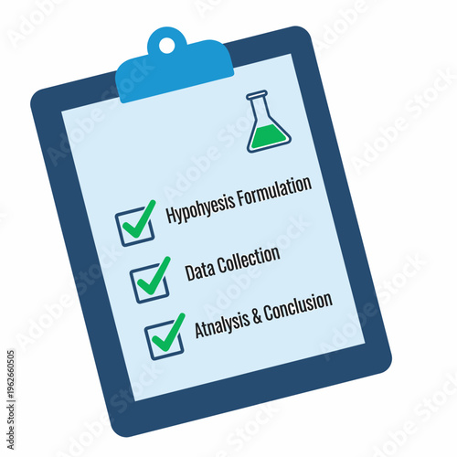 A clipboard with a scientific plan featuring checkmarks and icons, ready for analysis. The items highlighted are hypothesis formulation, data collection, and analysis & conclusion