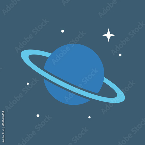 An illustrated image of a planet with rings surrounded by stars against a dark background, representing outer space. 