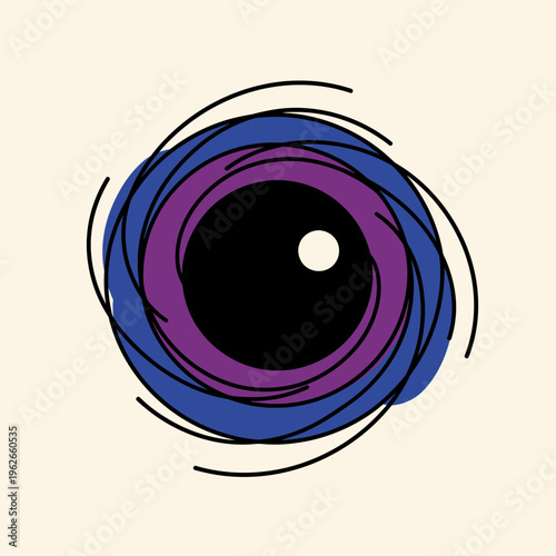 An Eye-Catching Swirl in a unique style. The design features a black pupil with concentric rings of blue and purple