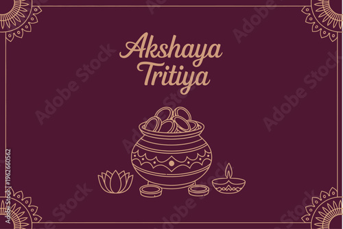 Elegant golden line art Akshaya Tritiya festival greeting background with coin pot lotus and diya vector